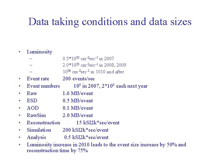 Data taking conditions and data sizes • Luminosity – – – • • •