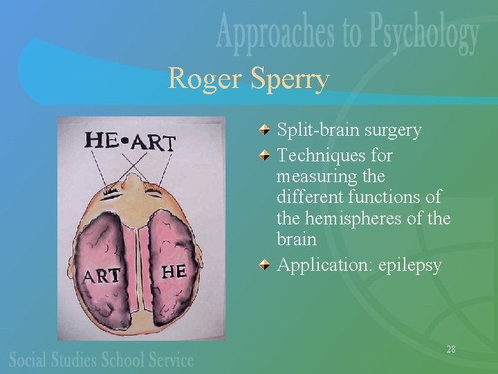 Roger Sperry Split-brain surgery Techniques for measuring the different functions of the hemispheres of