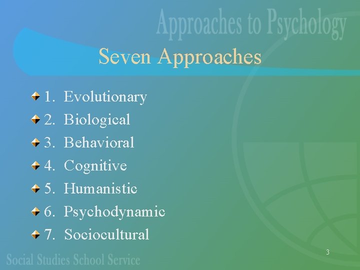 Seven Approaches 1. 2. 3. 4. 5. 6. 7. Evolutionary Biological Behavioral Cognitive Humanistic