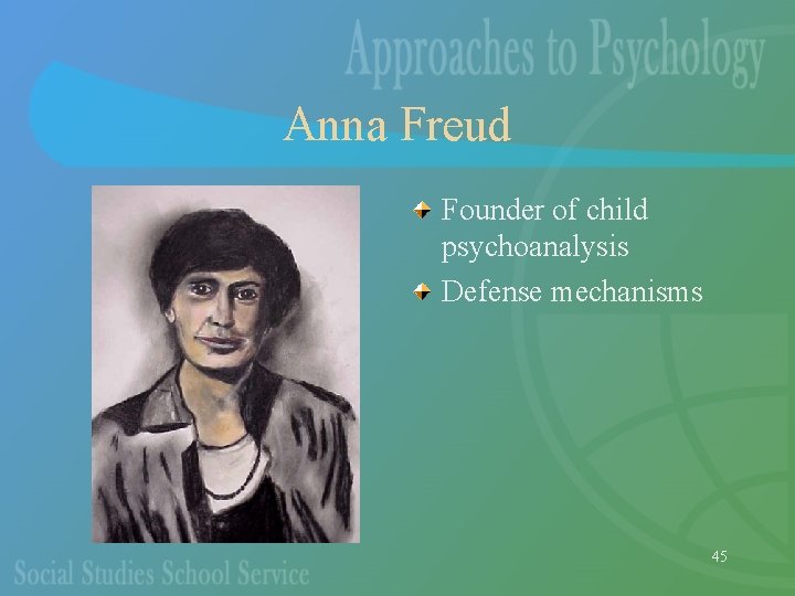 Anna Freud Founder of child psychoanalysis Defense mechanisms 45 