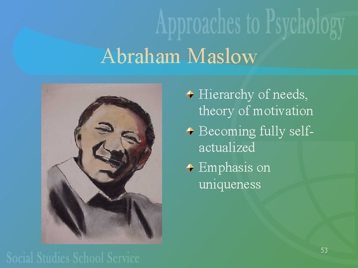 Abraham Maslow Hierarchy of needs, theory of motivation Becoming fully selfactualized Emphasis on uniqueness