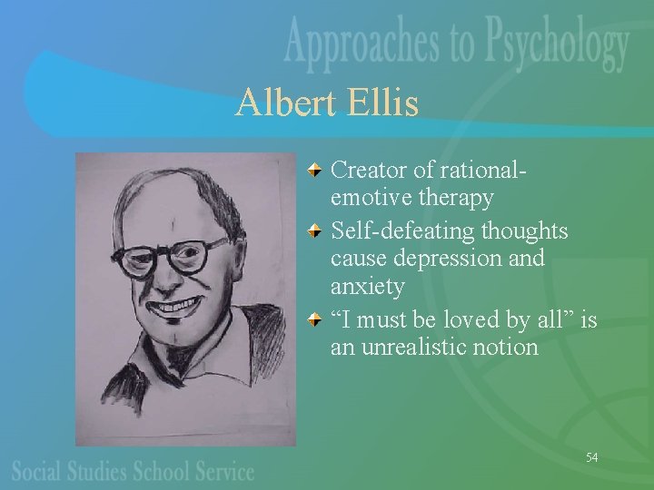 Albert Ellis Creator of rationalemotive therapy Self-defeating thoughts cause depression and anxiety “I must