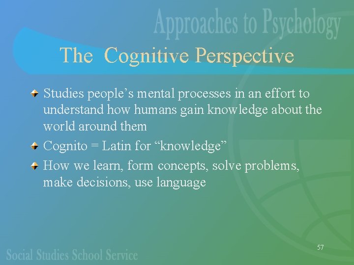 The Cognitive Perspective Studies people’s mental processes in an effort to understand how humans