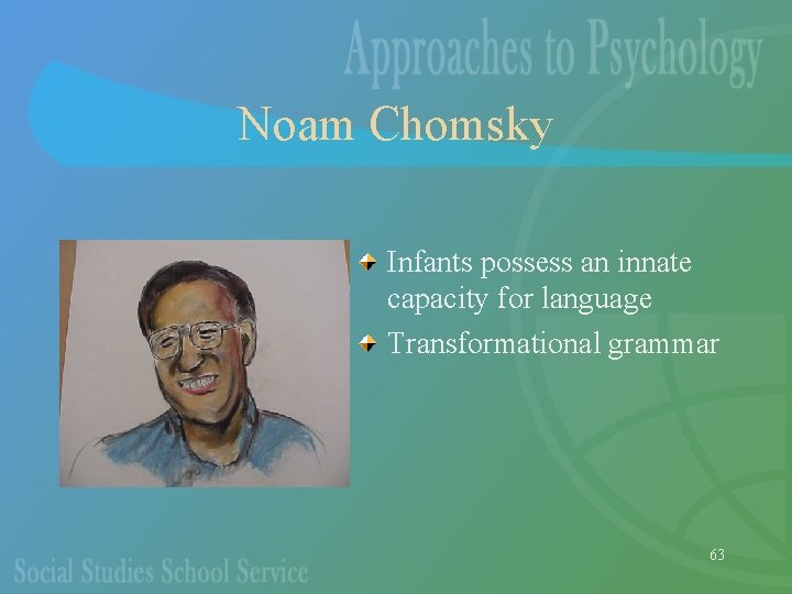 Noam Chomsky Infants possess an innate capacity for language Transformational grammar 63 