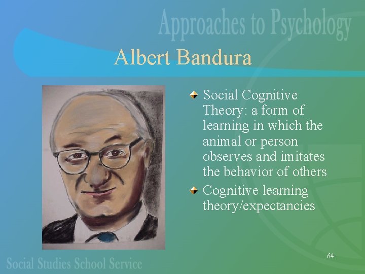 Albert Bandura Social Cognitive Theory: a form of learning in which the animal or