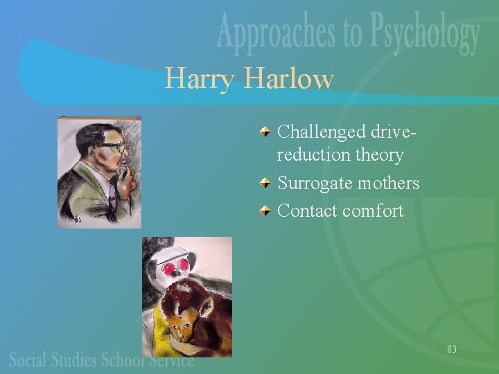 Harry Harlow Challenged drivereduction theory Surrogate mothers Contact comfort 83 