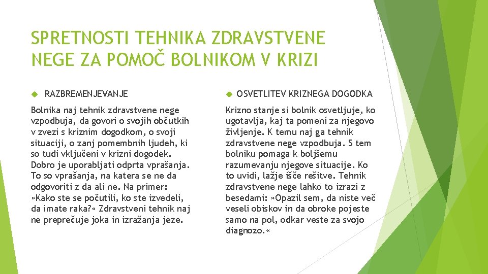 SPRETNOSTI TEHNIKA ZDRAVSTVENE NEGE ZA POMOČ BOLNIKOM V KRIZI RAZBREMENJEVANJE Bolnika naj tehnik zdravstvene