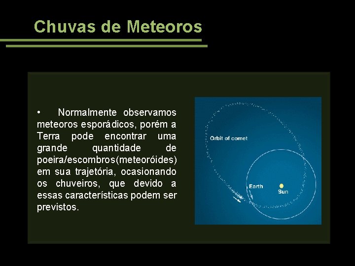 Chuvas de Meteoros • Normalmente observamos meteoros esporádicos, porém a Terra pode encontrar uma
