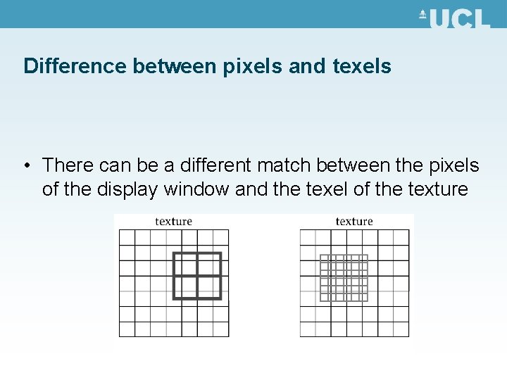 Difference between pixels and texels • There can be a different match between the