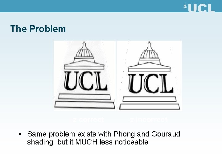 The Problem z correct z incorrect • Same problem exists with Phong and Gouraud