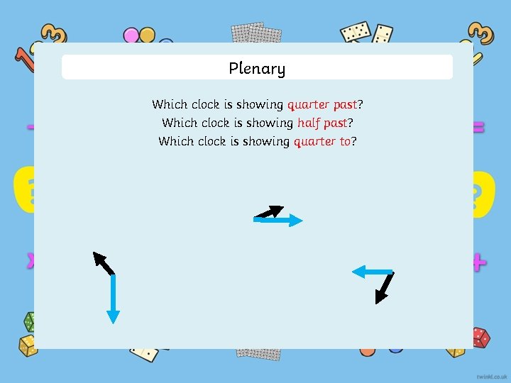 Plenary Which clock is showing quarter past? Which clock is showing half past? Which