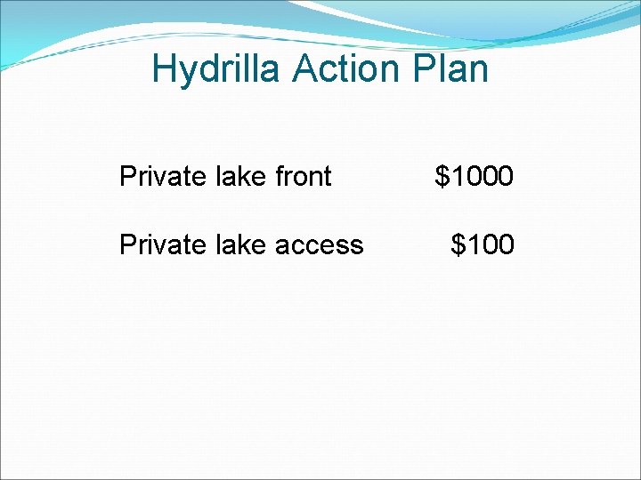 Hydrilla Action Plan Private lake front $1000 Private lake access $100 