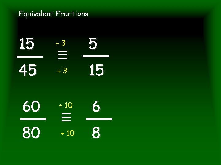 Equivalent Fractions 15 ÷ 3 5 45 ÷ 3 15 60 ÷ 10 6