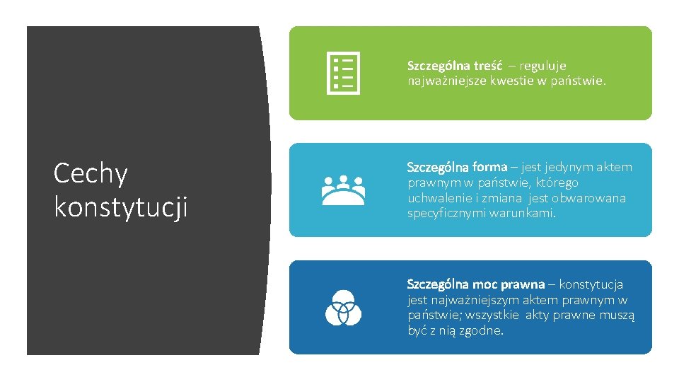 Szczególna treść – reguluje najważniejsze kwestie w państwie. Cechy konstytucji Szczególna forma – jest