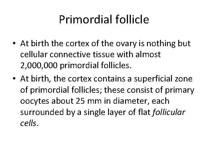 Primordial follicle • At birth the cortex of the ovary is nothing but cellular