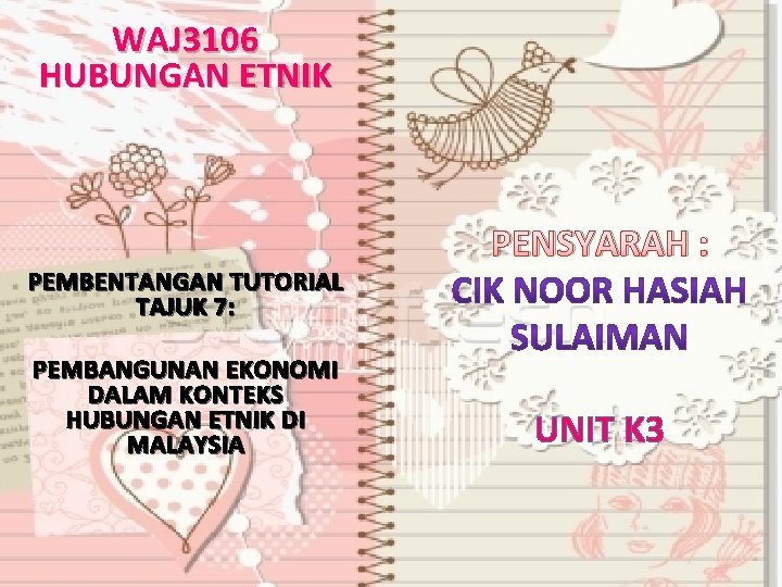 WAJ 3106 HUBUNGAN ETNIK PEMBENTANGAN TUTORIAL TAJUK 7: PEMBANGUNAN EKONOMI DALAM KONTEKS HUBUNGAN ETNIK