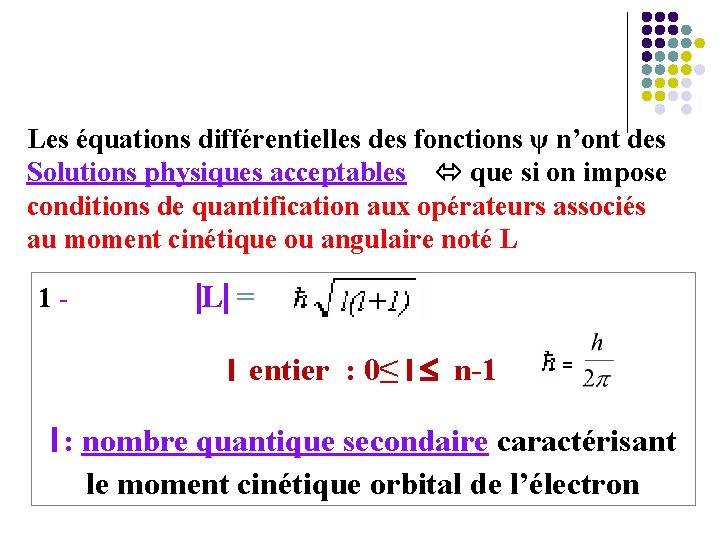 Les équations différentielles des fonctions ψ n’ont des Solutions physiques acceptables que si on