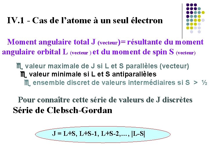IV. 1 - Cas de l’atome à un seul électron Moment angulaire total J