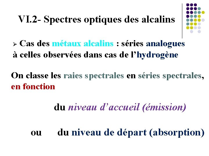 VI. 2 - Spectres optiques des alcalins Ø Cas des métaux alcalins : séries