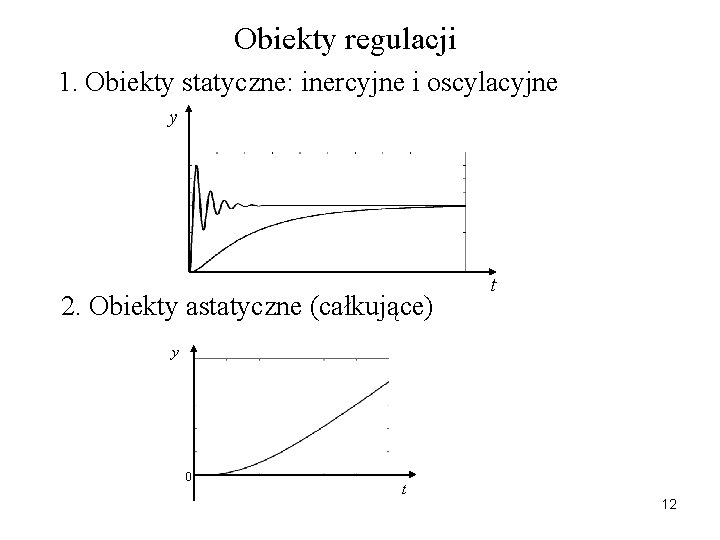Obiekty regulacji 1. Obiekty statyczne: inercyjne i oscylacyjne y 2. Obiekty astatyczne (całkujące) t