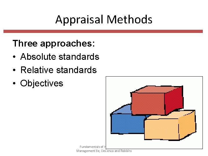 Appraisal Methods Three approaches: • Absolute standards • Relative standards • Objectives Fundamentals of