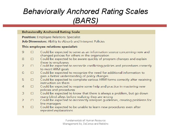 Behaviorally Anchored Rating Scales (BARS) Fundamentals of Human Resource Management 8 e, De. Cenzo