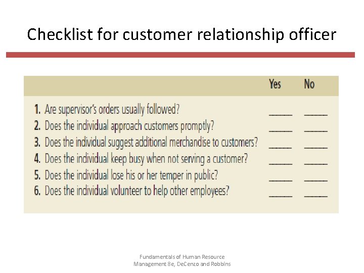 Checklist for customer relationship officer Fundamentals of Human Resource Management 8 e, De. Cenzo