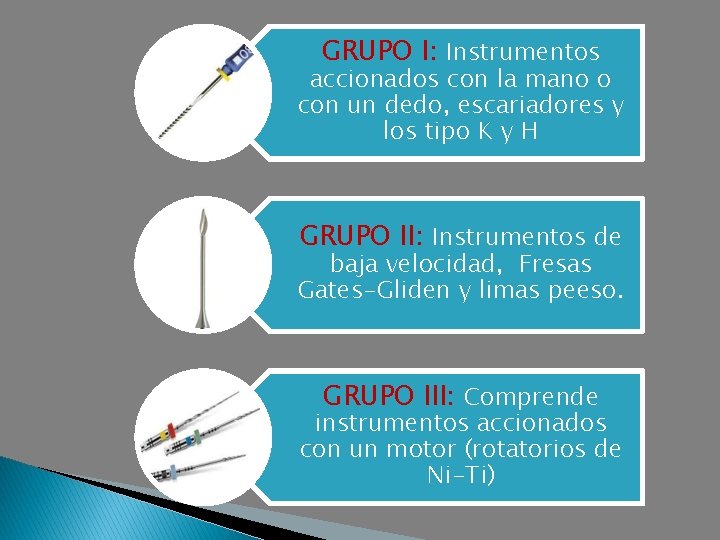 GRUPO I: Instrumentos accionados con la mano o con un dedo, escariadores y los
