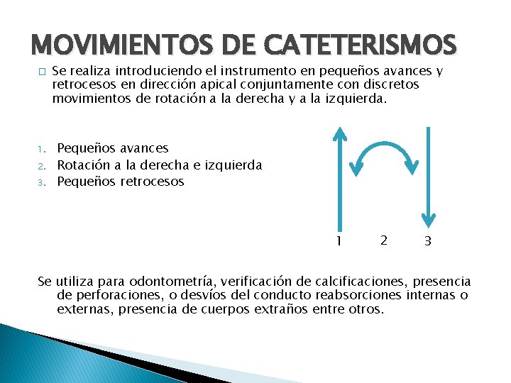 MOVIMIENTOS DE CATETERISMOS � 1. 2. 3. Se realiza introduciendo el instrumento en pequeños