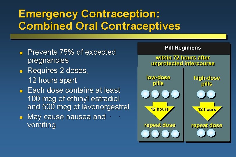 Emergency Contraception: Combined Oral Contraceptives l l Prevents 75% of expected pregnancies Requires 2