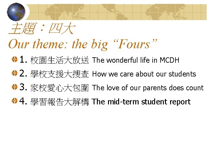 主題：四大 Our theme: the big “Fours” 1. 2. 3. 4. 校園生活大放送 The wonderful life