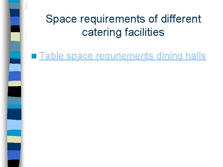Space requirements of different catering facilities n Table space requriements dining halls 