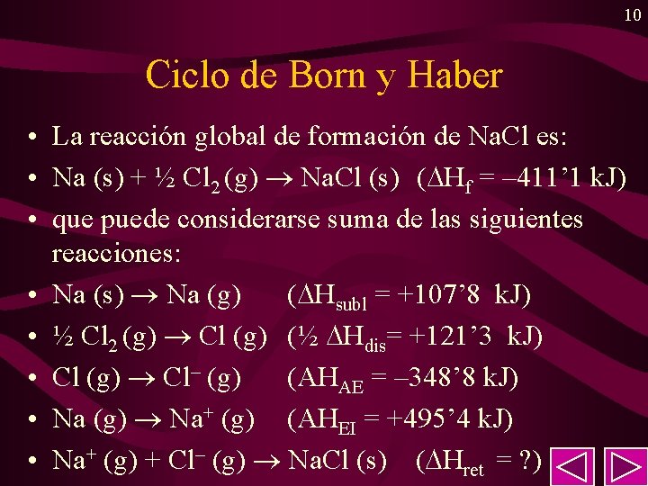 10 Ciclo de Born y Haber • La reacción global de formación de Na.