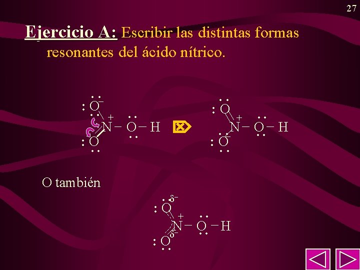 27 Ejercicio A: Escribir las distintas formas resonantes del ácido nítrico. · ·– ·