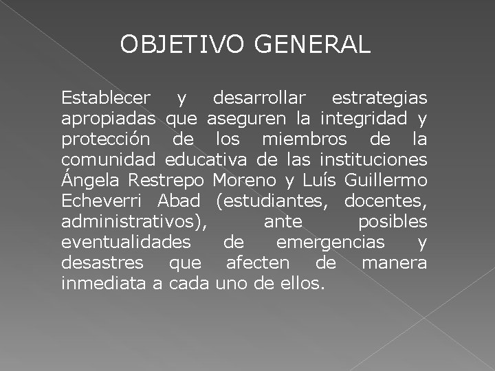 OBJETIVO GENERAL Establecer y desarrollar estrategias apropiadas que aseguren la integridad y protección de