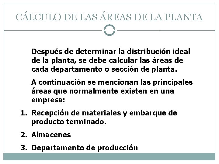CÁLCULO DE LAS ÁREAS DE LA PLANTA Después de determinar la distribución ideal de