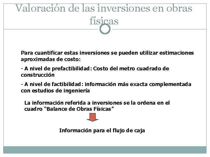 Valoración de las inversiones en obras físicas Para cuantificar estas inversiones se pueden utilizar