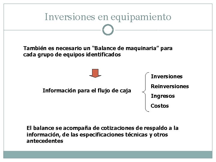 Inversiones en equipamiento También es necesario un “Balance de maquinaria” para cada grupo de