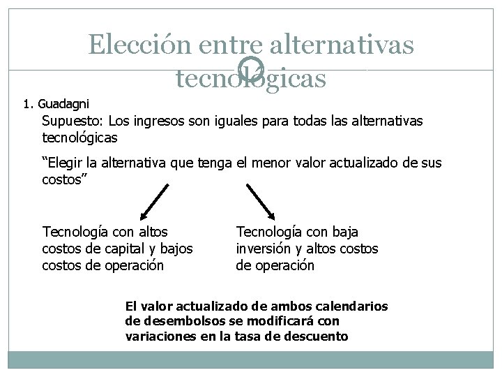Elección entre alternativas tecnológicas 1. Guadagni Supuesto: Los ingresos son iguales para todas las