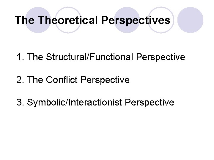 The Theoretical Perspectives 1. The Structural/Functional Perspective 2. The Conflict Perspective 3. Symbolic/Interactionist Perspective