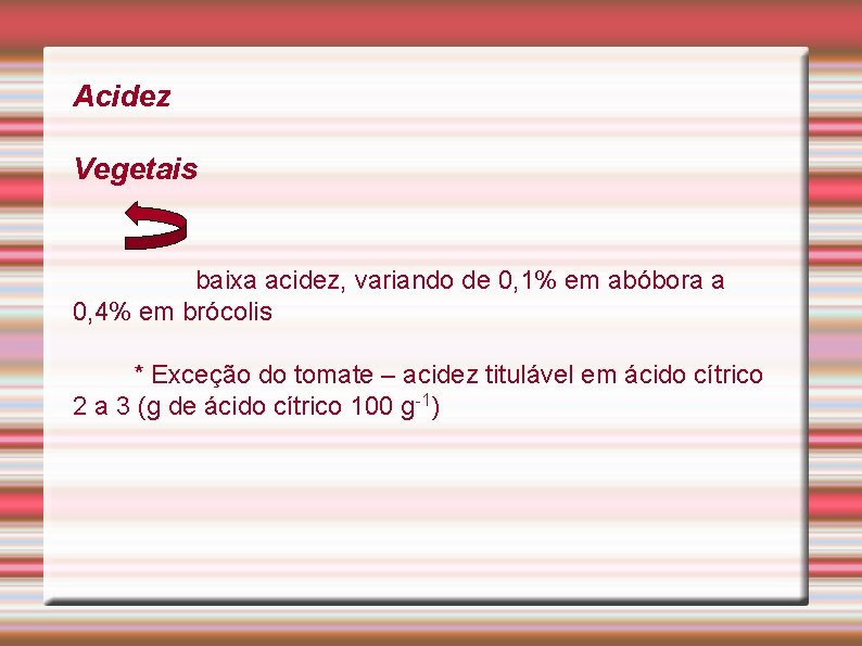 Acidez Vegetais baixa acidez, variando de 0, 1% em abóbora a 0, 4% em