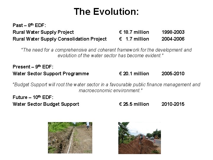The Evolution: Past – 8 th EDF: Rural Water Supply Project Rural Water Supply