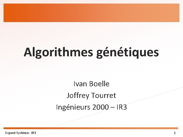 Algorithmes génétiques Ivan Boelle Joffrey Tourret Ingénieurs 2000 – IR 3 Exposé Système -