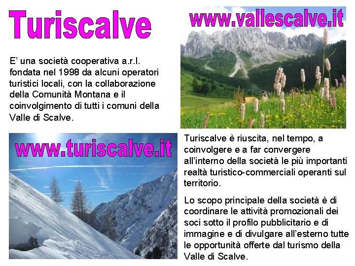 E’ una società cooperativa a. r. l. fondata nel 1998 da alcuni operatori turistici E’ una società cooperativa a. r. l. fondata nel 1998 da alcuni operatori turistici