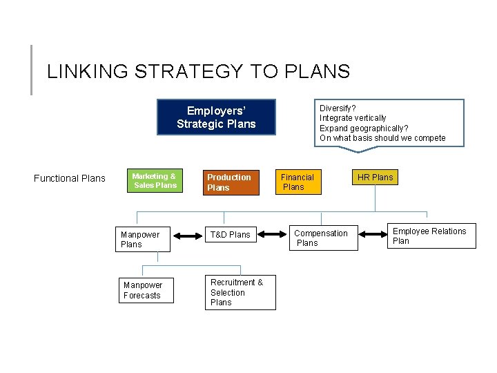 LINKING STRATEGY TO PLANS Diversify? Integrate vertically Expand geographically? On what basis should we