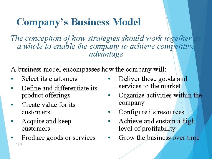 Company’s Business Model The conception of how strategies should work together as a whole Company’s Business Model The conception of how strategies should work together as a whole