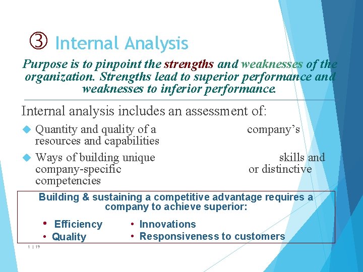 Internal Analysis Purpose is to pinpoint the strengths and weaknesses of the organization. Internal Analysis Purpose is to pinpoint the strengths and weaknesses of the organization.