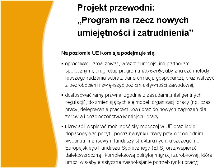 Projekt przewodni: „Program na rzecz nowych umiejętności i zatrudnienia” Na poziomie UE Komisja podejmuje