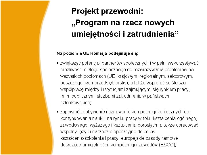 Projekt przewodni: „Program na rzecz nowych umiejętności i zatrudnienia” Na poziomie UE Komisja podejmuje