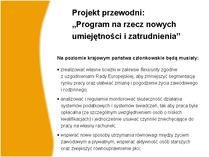 Projekt przewodni: „Program na rzecz nowych umiejętności i zatrudnienia” Na poziomie krajowym państwa członkowskie